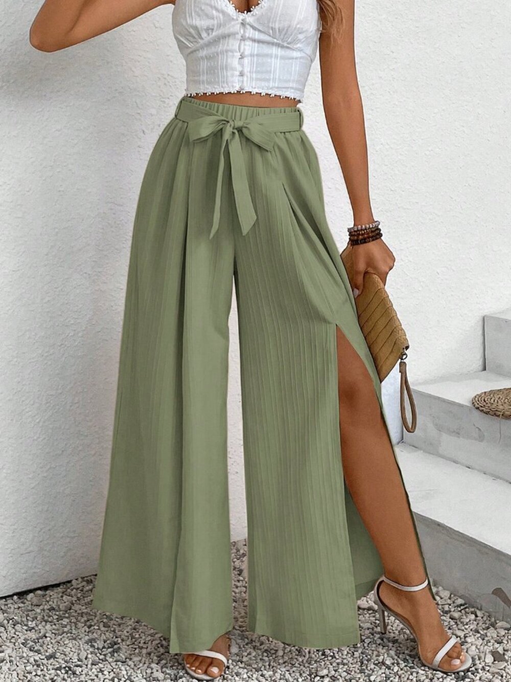 Mint Green Casual Women Twist Knotted Loose Pants - Picture 6 of 6